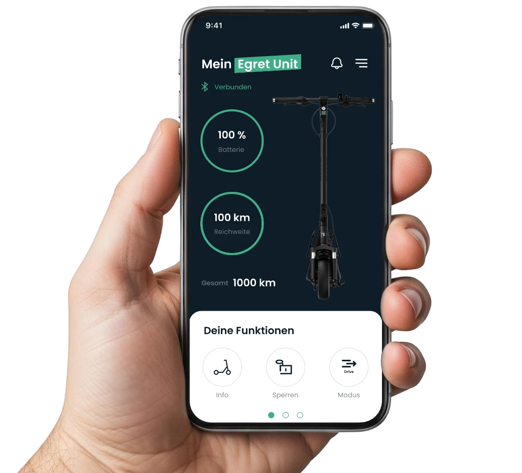 Egret App auf dem Smartphone mit Akkustand, Reichweite und Funktionen